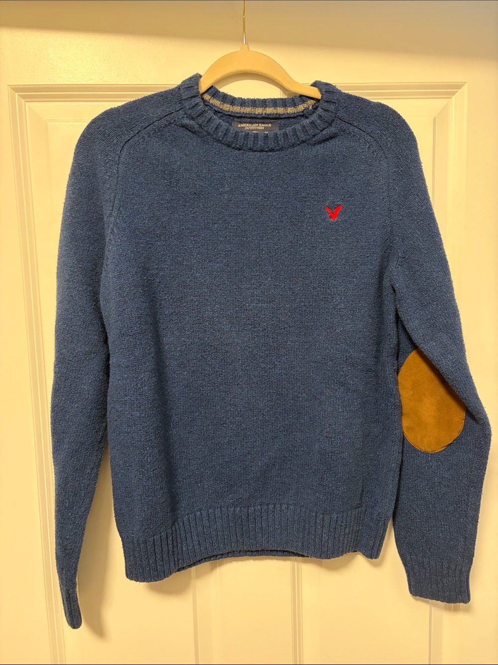 American Eagle Outfitters Men's Navy Crewneck Sweater with Tan Elbow Patches